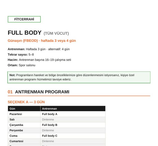 Full Body hazır programından örnek sayfa