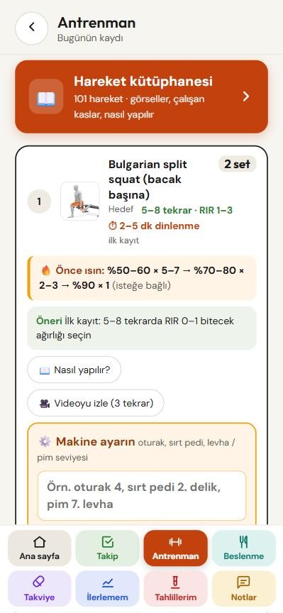 Uygulamada antrenman programı ekranı