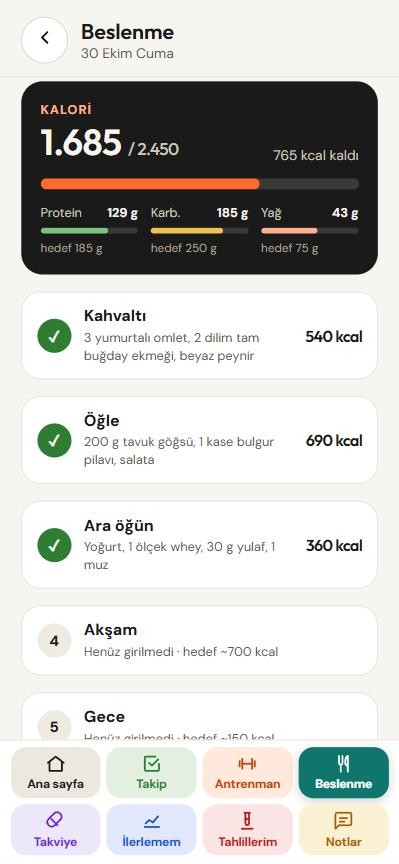 Uygulamada beslenme ve kalori ekranı
